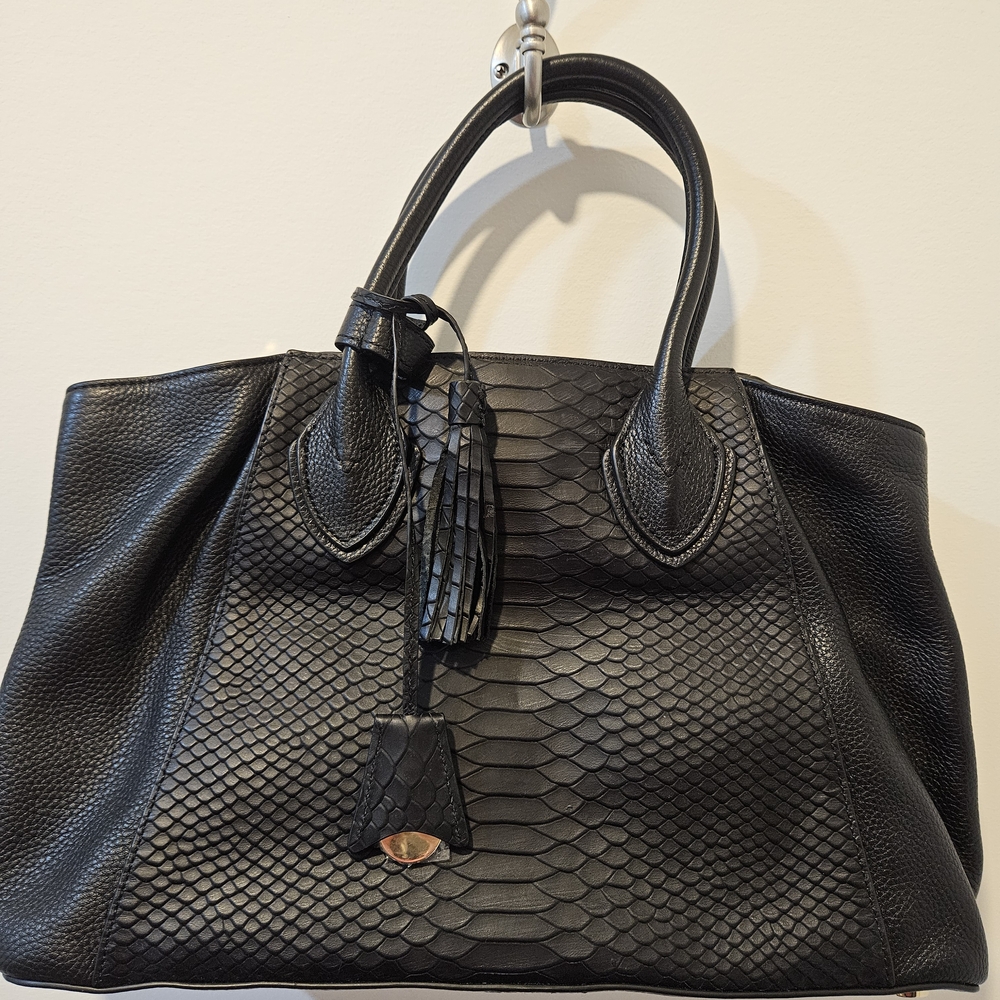 G.I.L.I  Leather Triple Compartment Tuscany Satchel In Black Snake